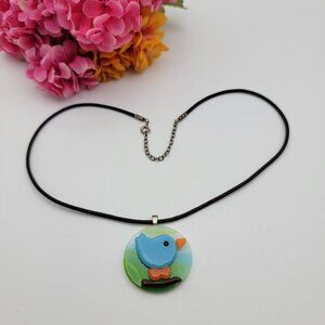 Vintage Blue Bird Glass Pendant Necklace – Leather Cord, Sterling Clasp 18"